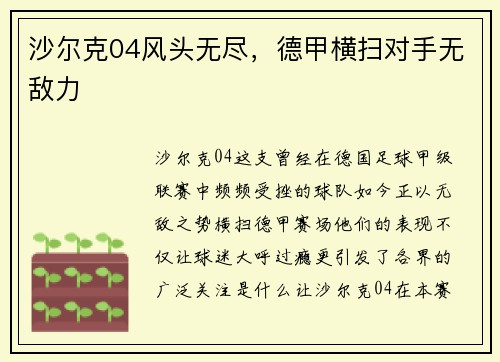 沙尔克04风头无尽，德甲横扫对手无敌力