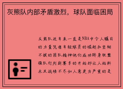 灰熊队内部矛盾激烈，球队面临困局